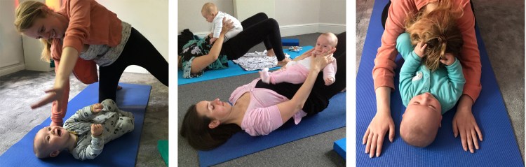This image shows examples of yoga practices in a Mum and Baby Postnatal Yoga Class.